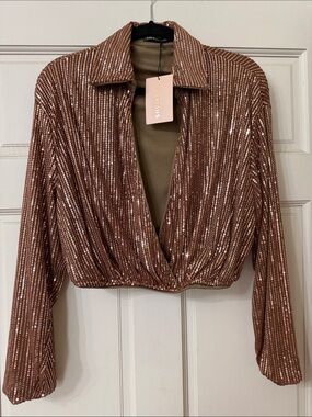 SHEIN Rose Gold Sequin Cropped Wrap Top